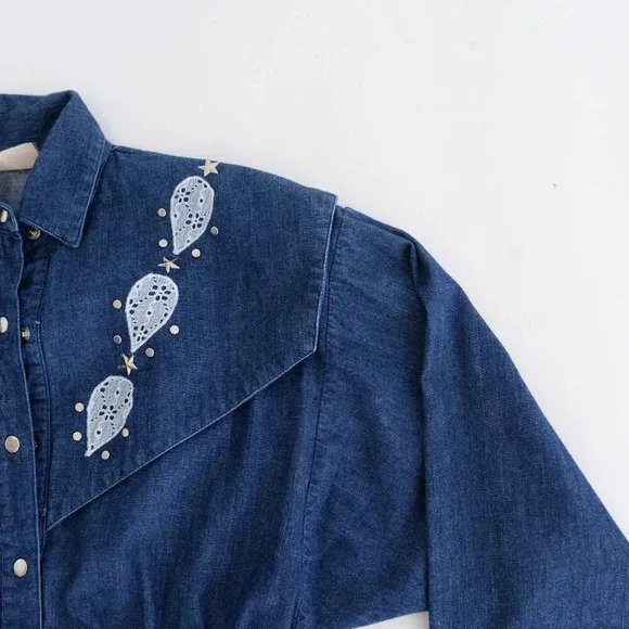 Vintage Tobi Dark Wash Button Up Western Cowgirl Denim Stud Midi Dress M - Picture 9 of 12